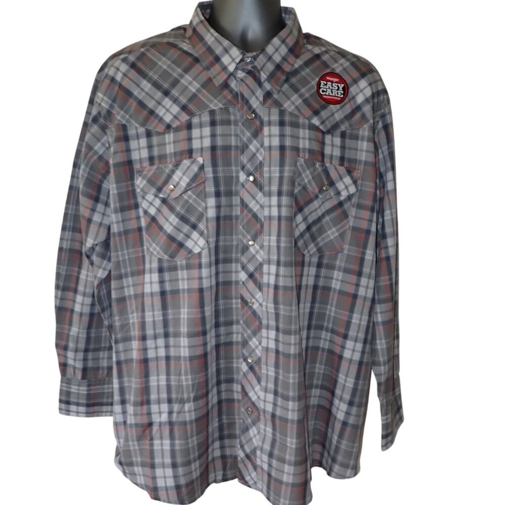Wrangler Mens Western‎ Pearl Snap Shirt Plaid gray 2XL Long Sleeves Cowboy